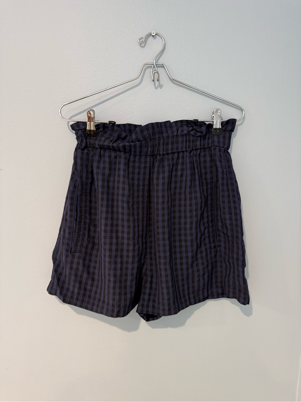 Tibi Black and Navy Gingham High-Waist Paperbag Shorts